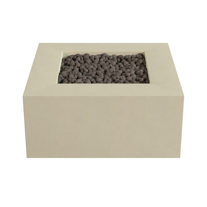 a rectangular, beige-colored container filled with small, dark-colored stones or pebbles.