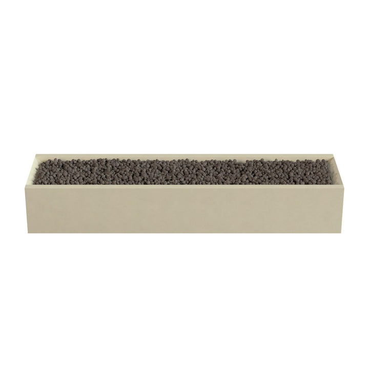 A rectangular planter box filled with small dark-colored stones or pebbles.