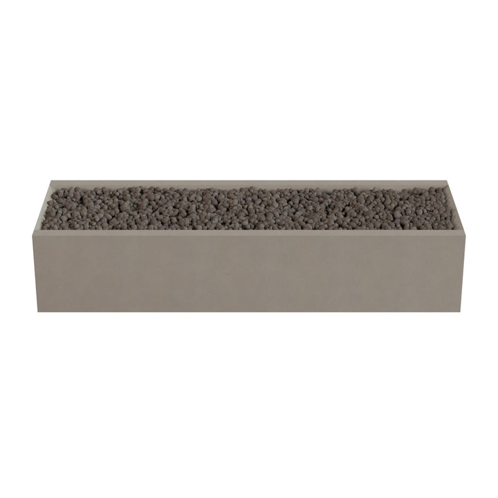 A rectangular planter box filled with small rocks or pebbles.