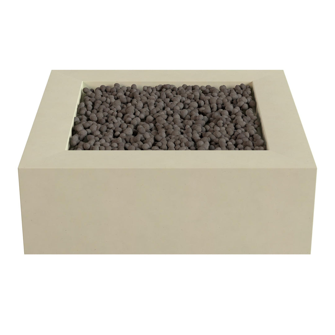 a rectangular, beige-colored container filled with small, dark-colored stones or pebbles.