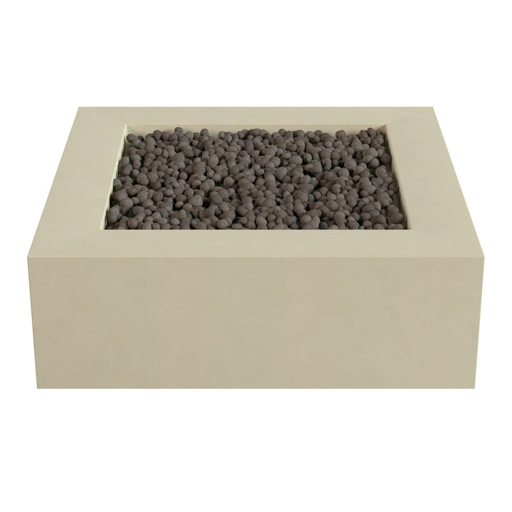 a rectangular, beige-colored container filled with small, dark-colored stones or pebbles.