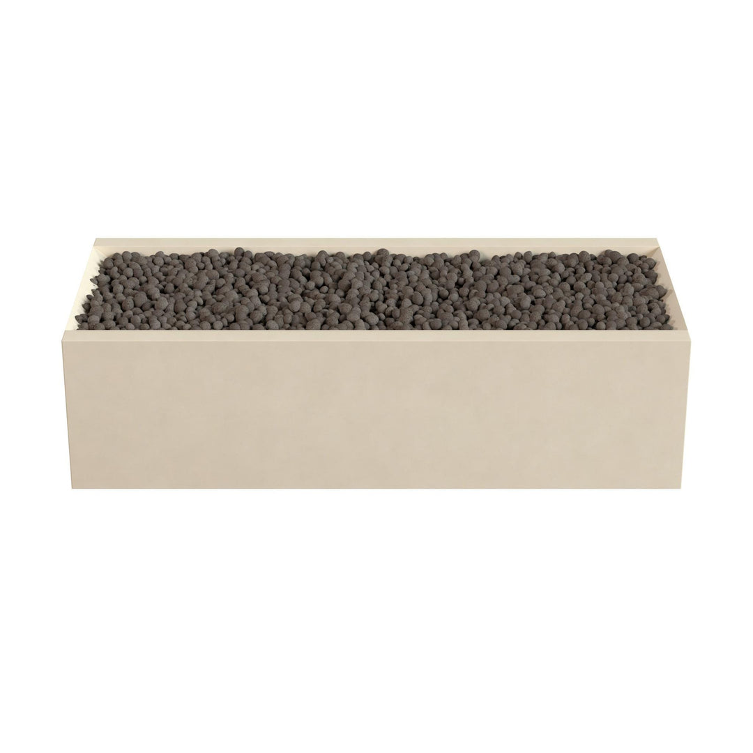 A rectangular planter box filled with small, dark-colored stones or pebbles.