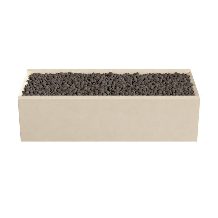 A rectangular planter box filled with small, dark-colored stones or pebbles.