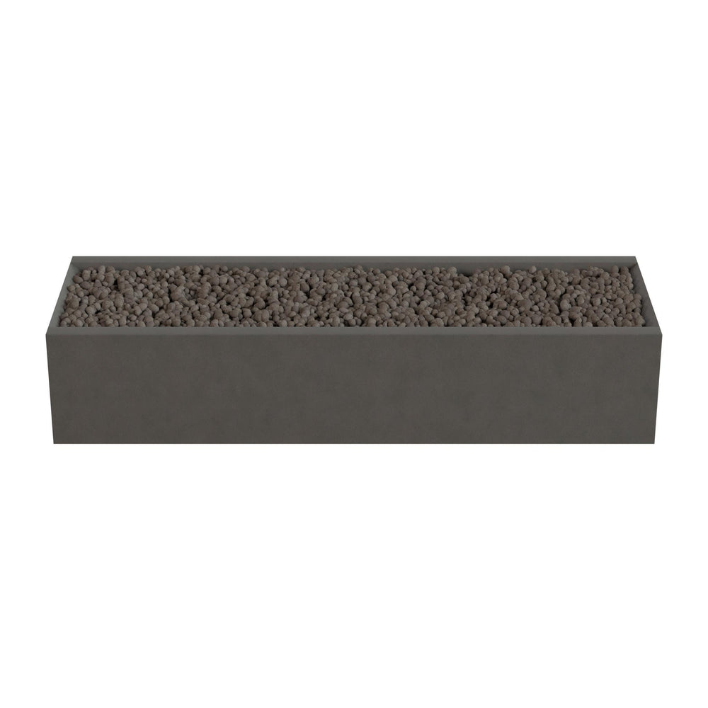 A rectangular gray planter filled with small rocks or pebbles.