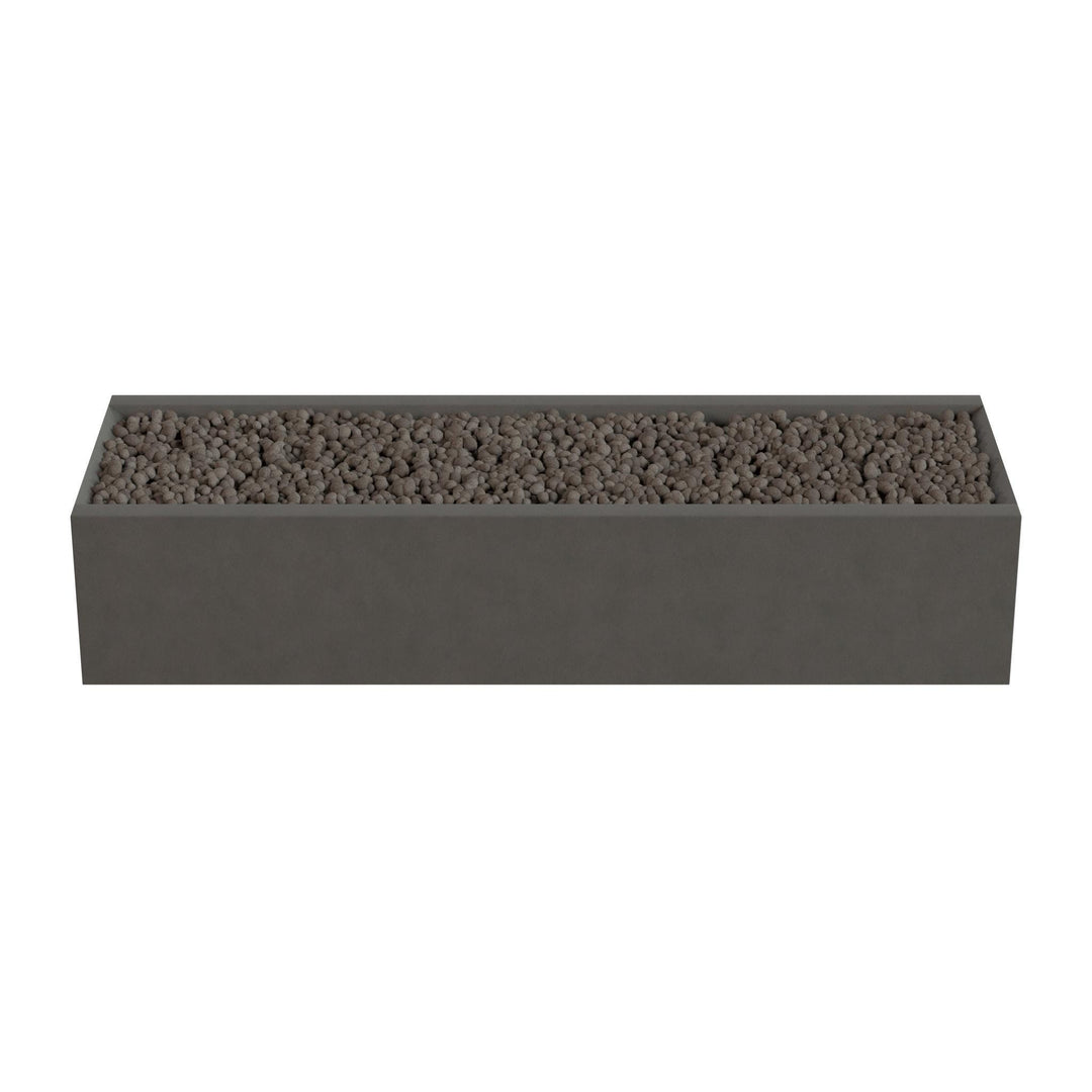 A rectangular gray planter filled with small rocks or pebbles.