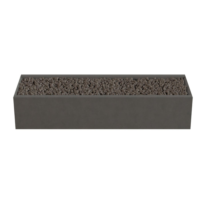A rectangular gray planter filled with small rocks or pebbles.