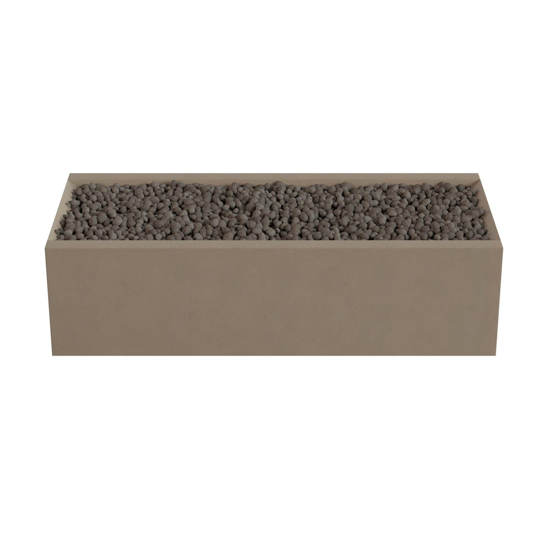 A rectangular planter box filled with small rocks or pebbles.