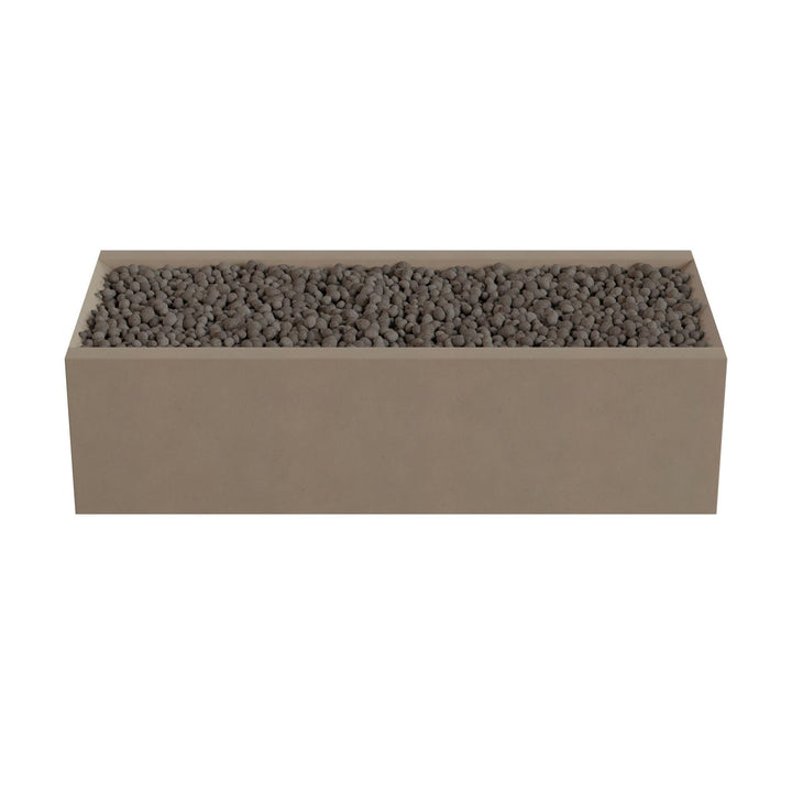 A rectangular planter box filled with small rocks or pebbles.