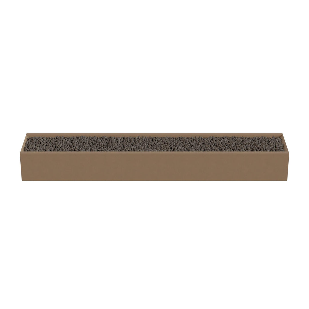 A rectangular planter box filled with small rocks or pebbles.