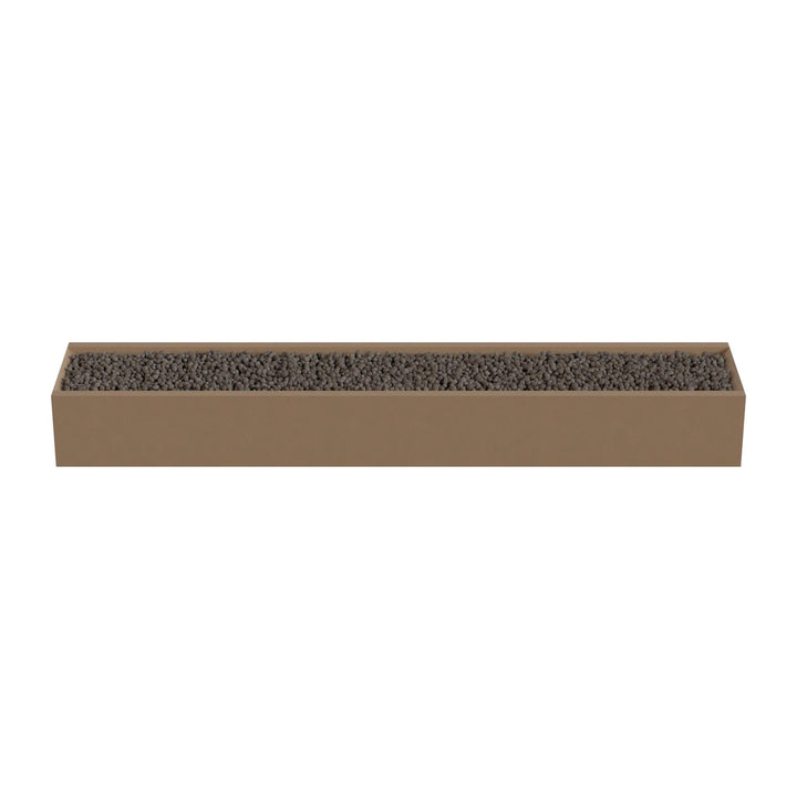 A rectangular planter box filled with small rocks or pebbles.