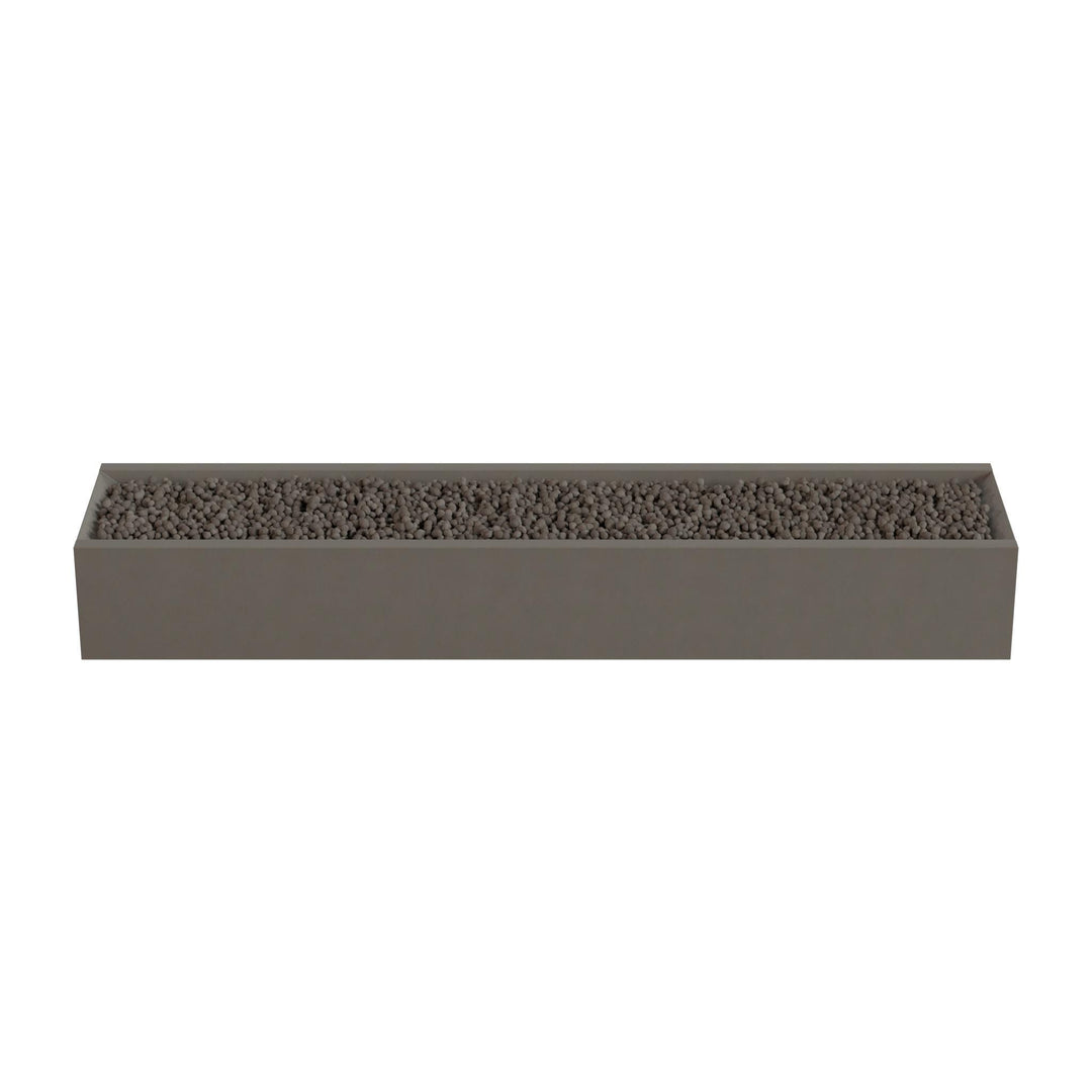 A rectangular planter box filled with small rocks or pebbles.
