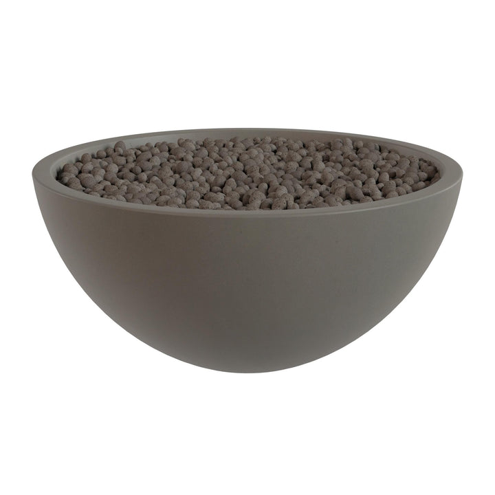 A gray bowl filled with small, round objects, likely pebbles or stones, is shown against a white background.