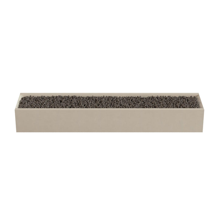 A rectangular planter box filled with small rocks or pebbles.