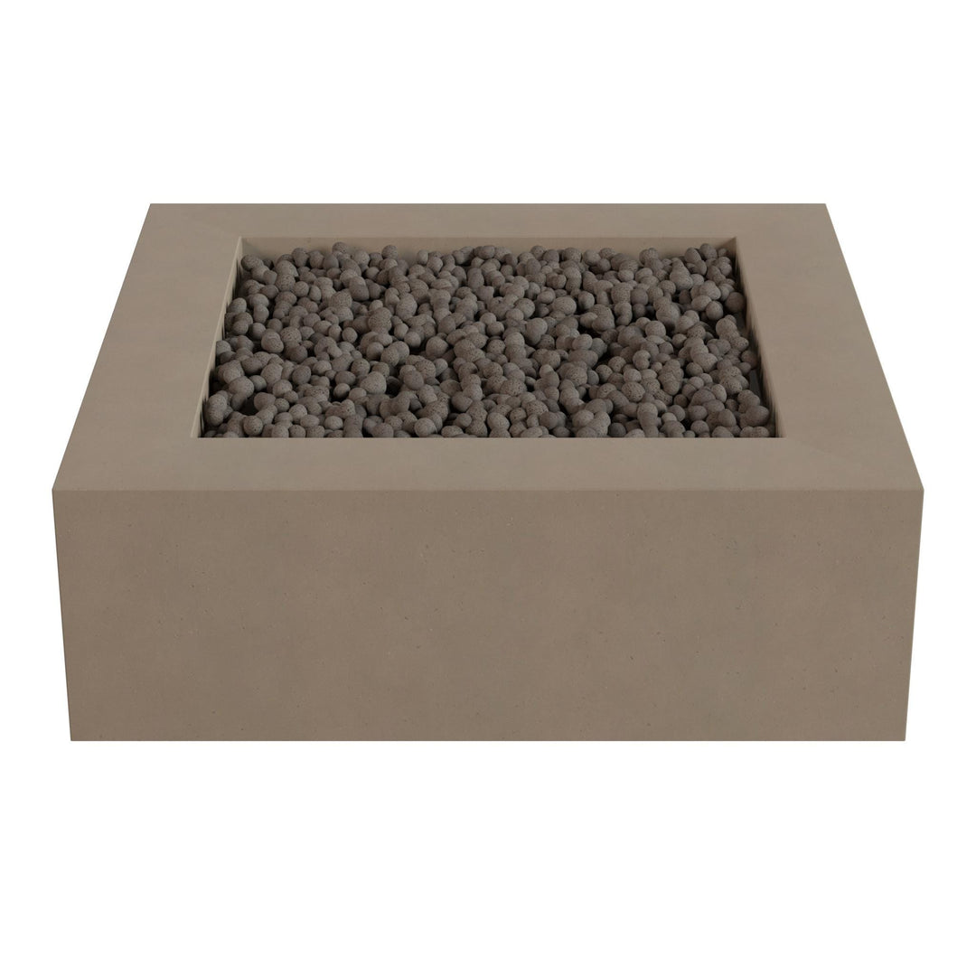A rectangular concrete planter filled with small gray stones or pebbles.