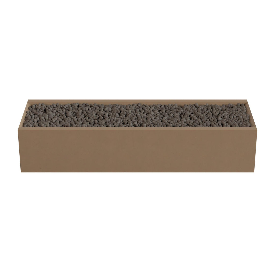 A rectangular brown box filled with small gray stones or pebbles.