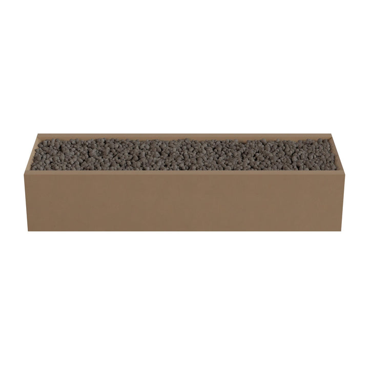 A rectangular brown box filled with small gray stones or pebbles.