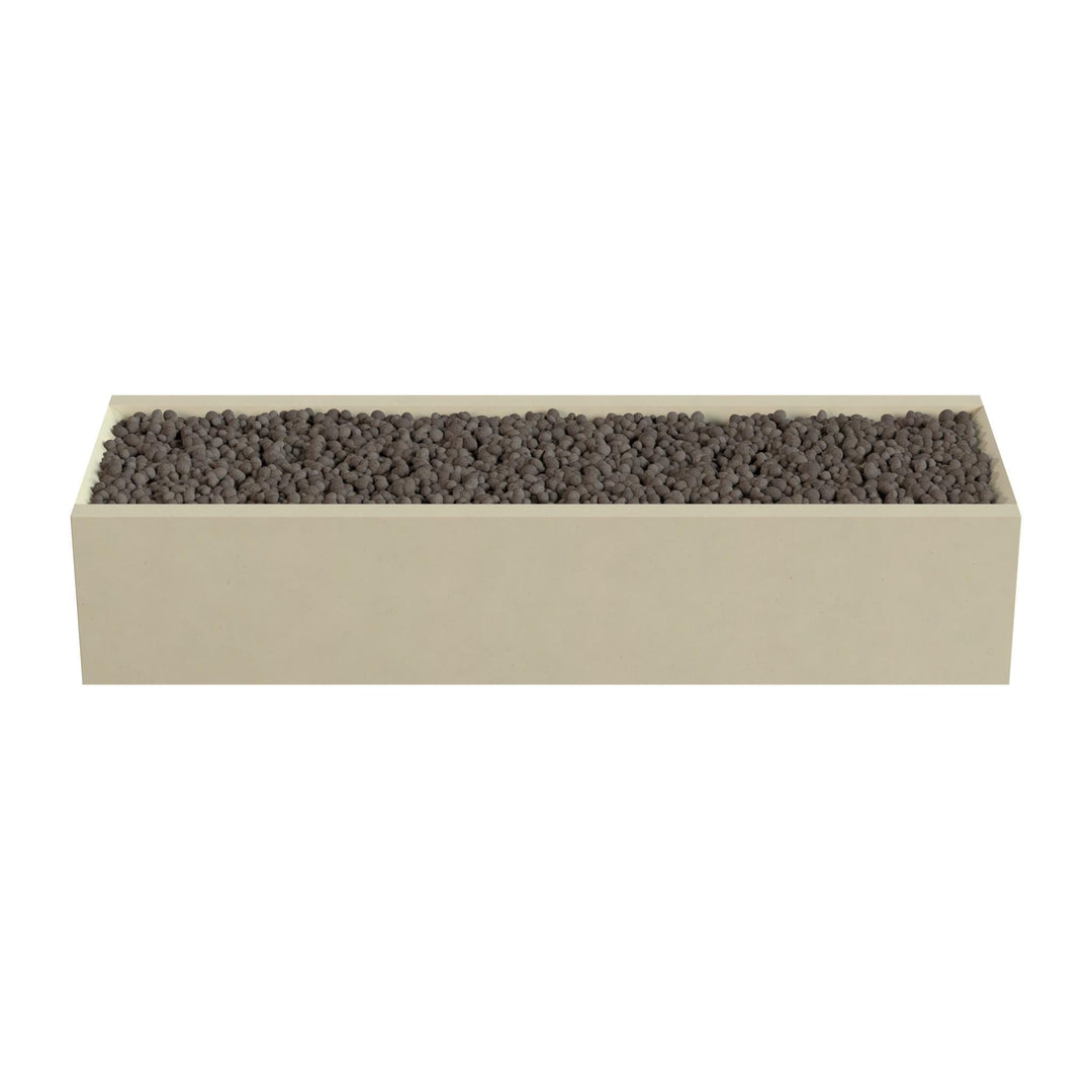 A rectangular planter box filled with small rocks or pebbles.