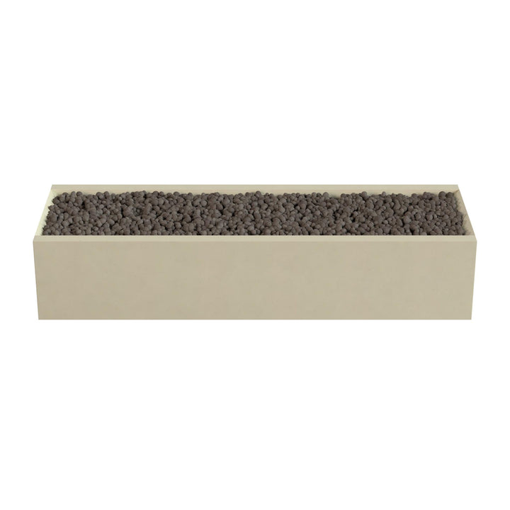 A rectangular planter box filled with small rocks or pebbles.