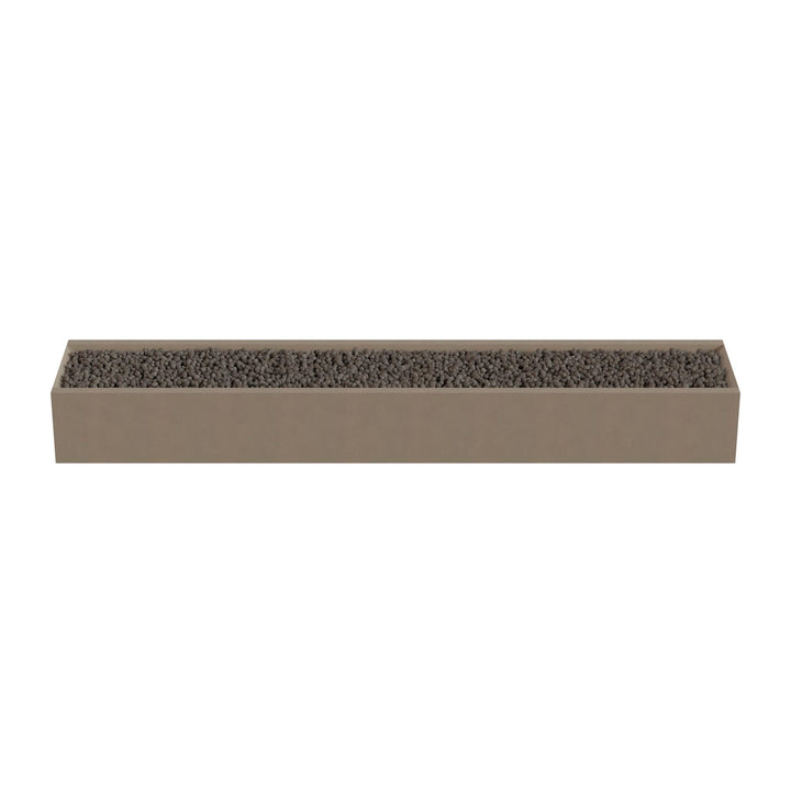 A rectangular planter box filled with small rocks or pebbles.