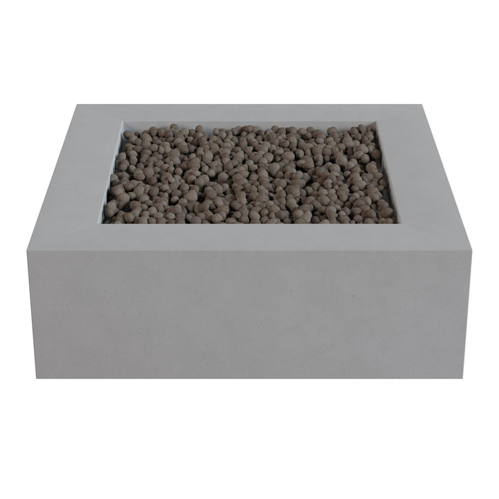 a gray rectangular structure filled with small, round stones or pebbles.