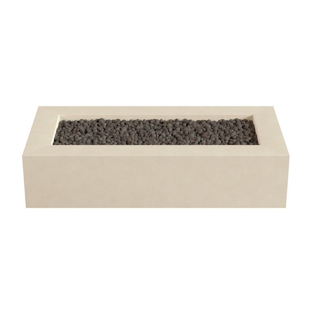 A rectangular, beige-colored planter filled with small black stones or pebbles.