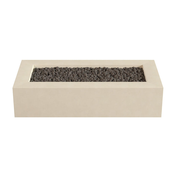 A rectangular, beige-colored planter filled with small black stones or pebbles.