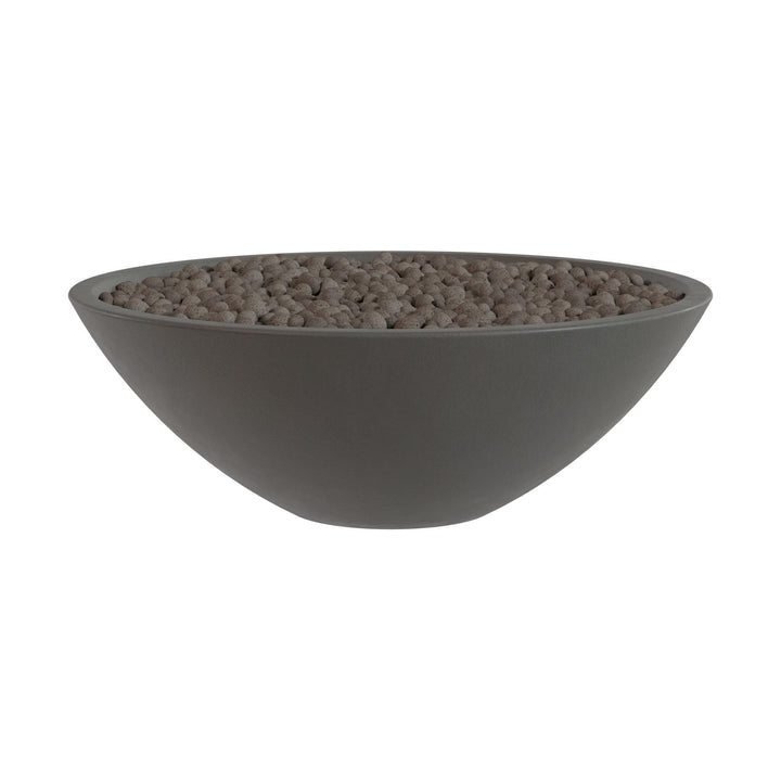 A gray bowl filled with small, round objects, possibly beads or stones.