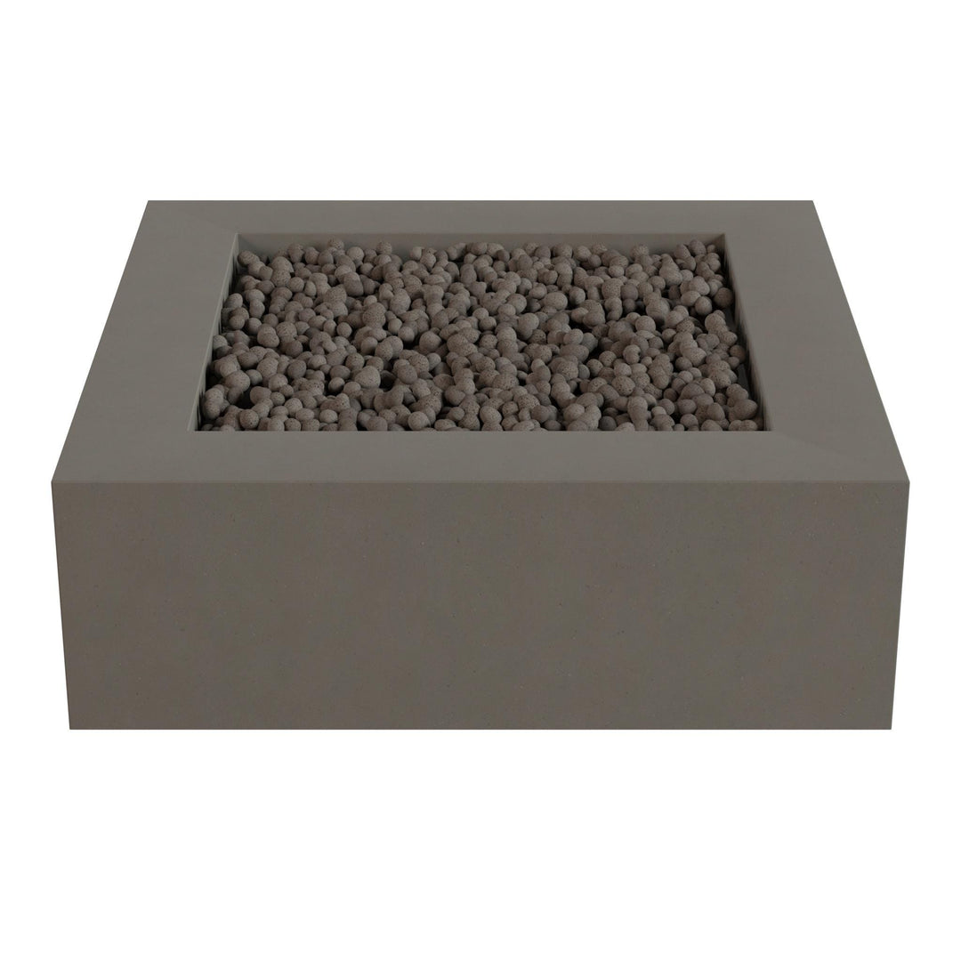 A gray rectangular planter filled with small rocks or pebbles.