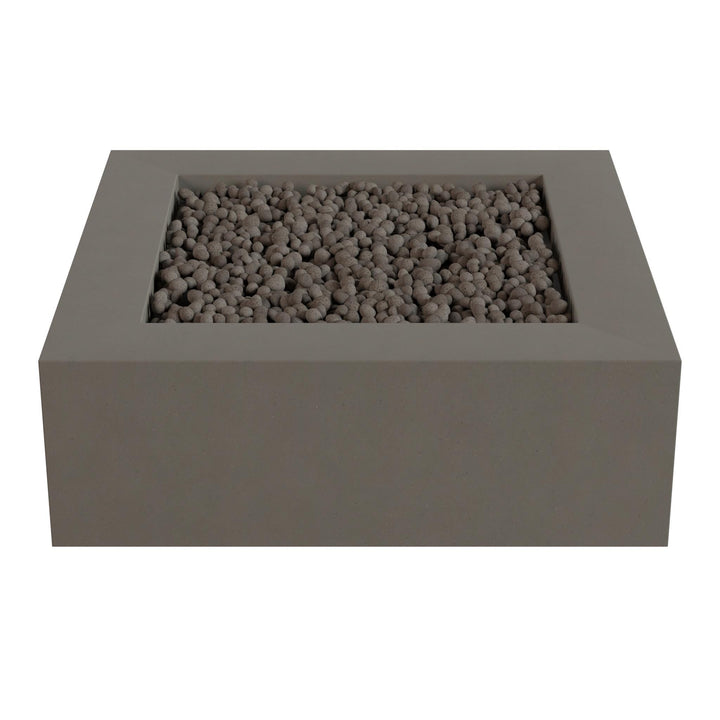 A gray rectangular planter filled with small rocks or pebbles.