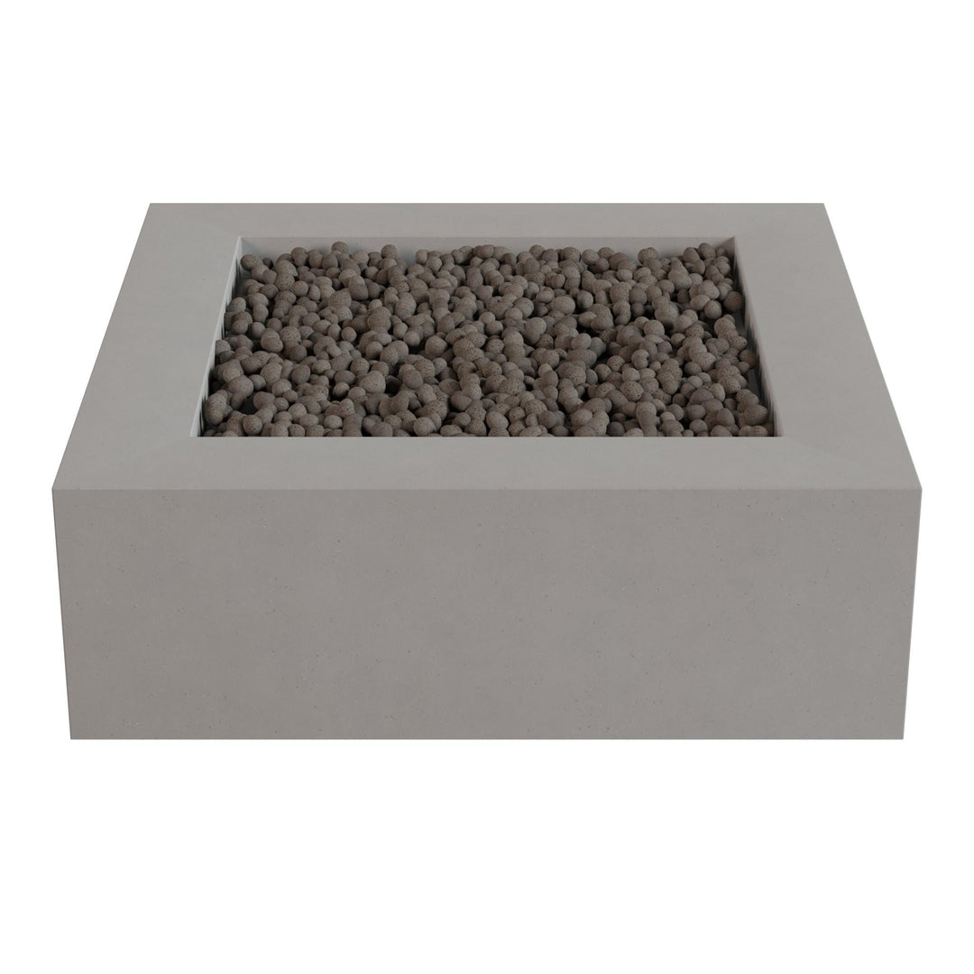 a rectangular concrete planter filled with small rocks or pebbles.