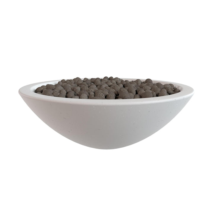 A white bowl filled with small, round objects, possibly beads or marbles, is shown against a white background.