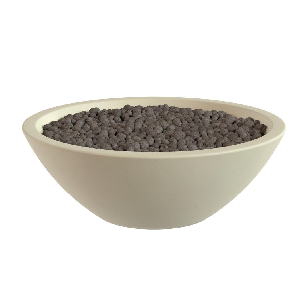 A white bowl filled with small, dark-colored objects, possibly beads or marbles.