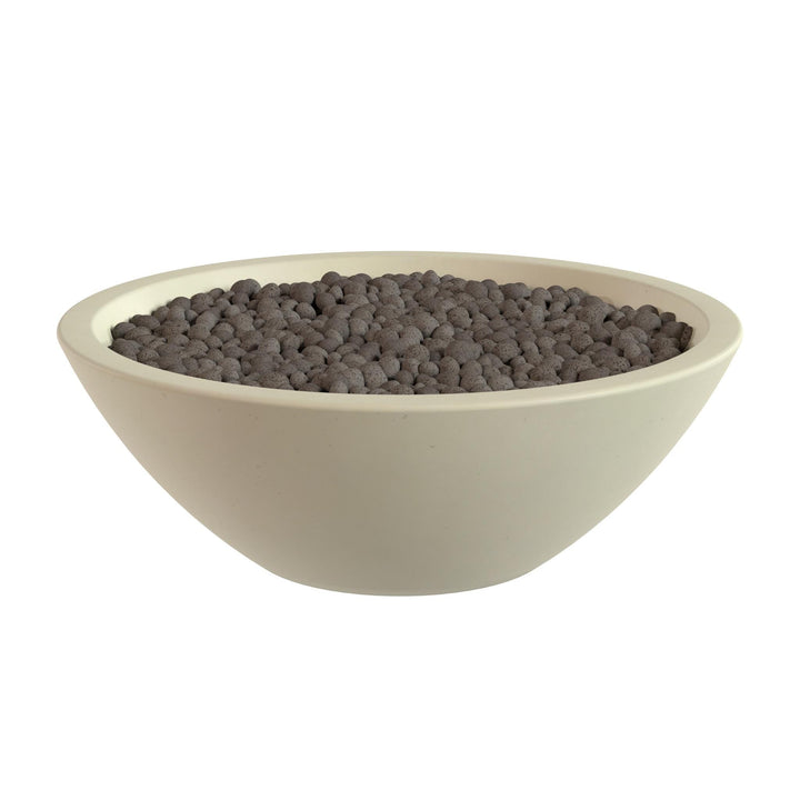 A white bowl filled with small, dark-colored objects, possibly beads or marbles.