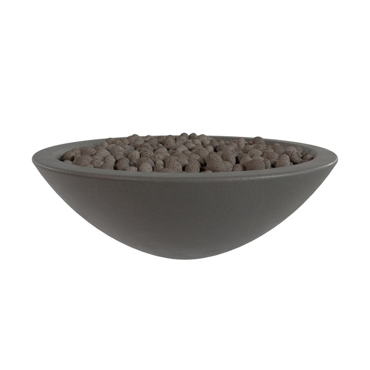 A gray bowl filled with small, round objects, likely pebbles or stones, is shown against a white background.