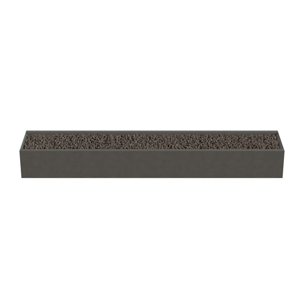 A rectangular planter box filled with small rocks or pebbles.