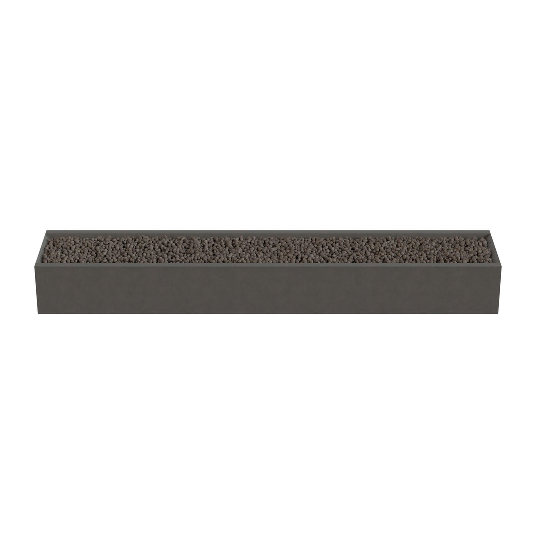 A rectangular planter box filled with small rocks or pebbles.
