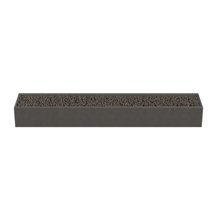 A rectangular planter box filled with small rocks or pebbles.
