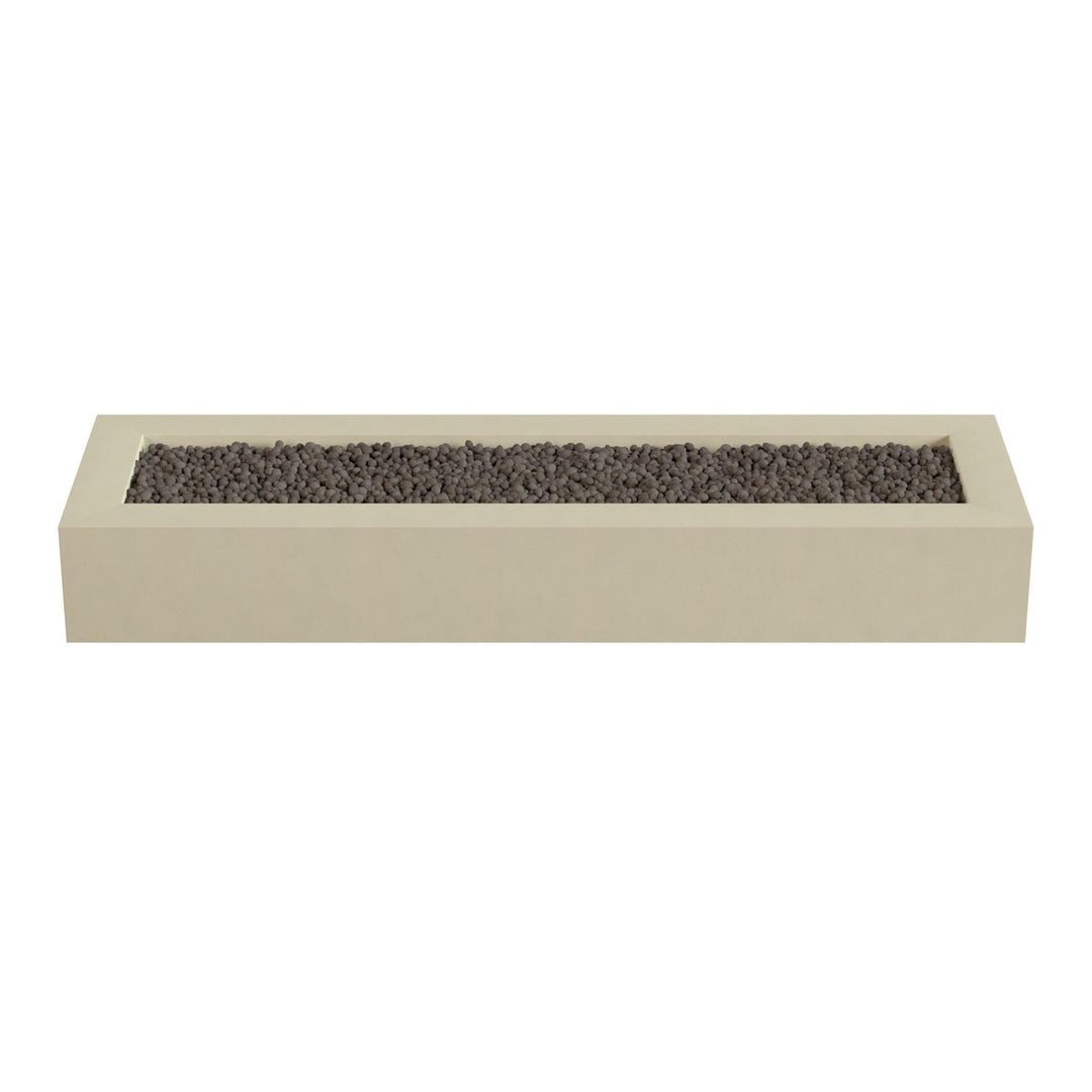 A rectangular planter box filled with small rocks or pebbles.