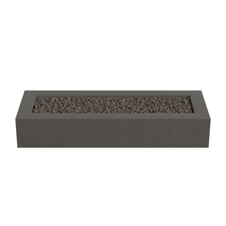 A rectangular gray planter box filled with small rocks or pebbles.