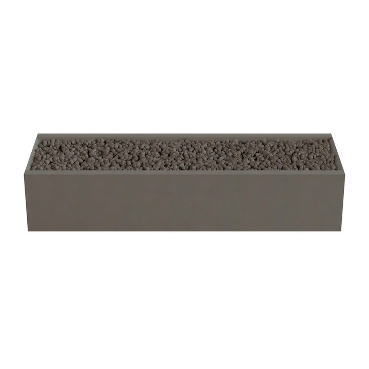 A rectangular planter box filled with small rocks or pebbles.