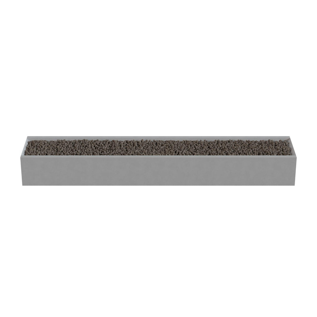 A rectangular planter box filled with small rocks or pebbles.