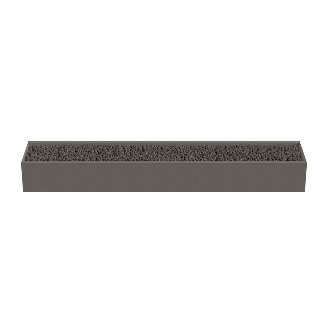 A rectangular planter box filled with small rocks or pebbles.