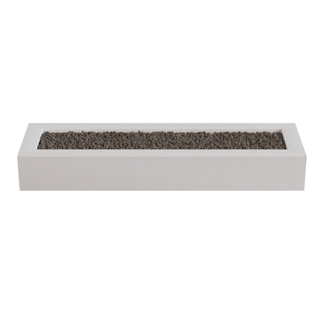A rectangular white planter box filled with small rocks or pebbles.