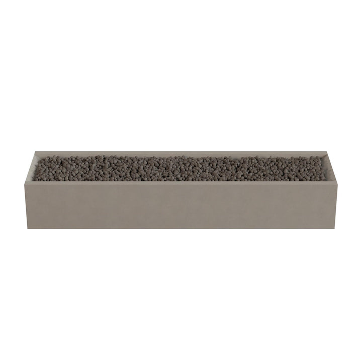 A rectangular planter box filled with small rocks or pebbles.