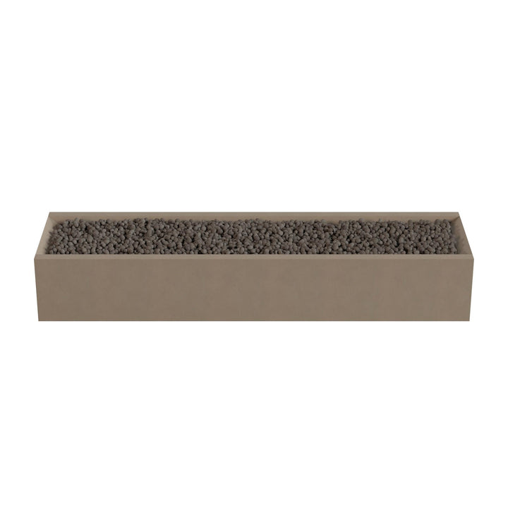 A rectangular planter box filled with small rocks or pebbles.