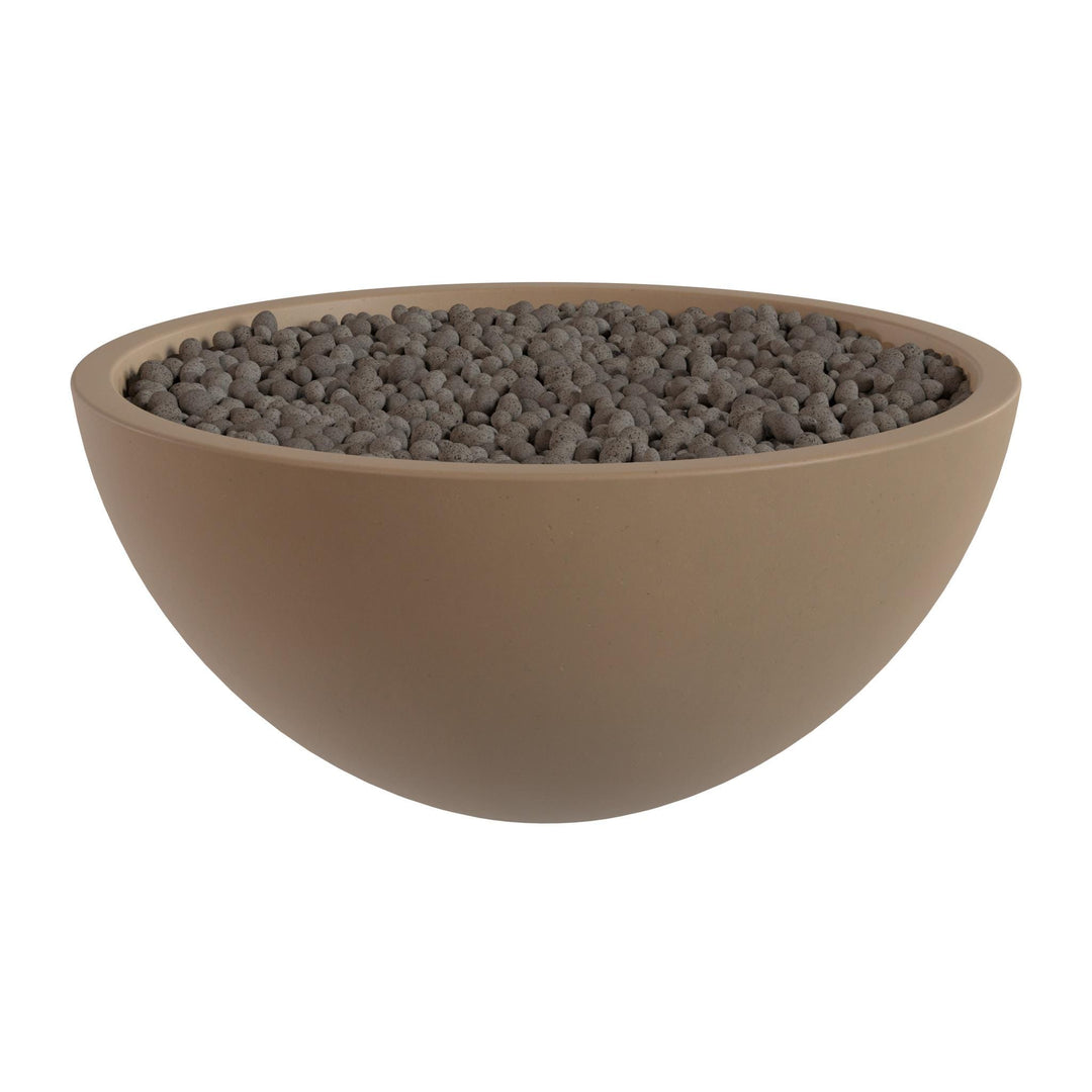 A large, round bowl filled with small, dark-colored stones or pebbles.