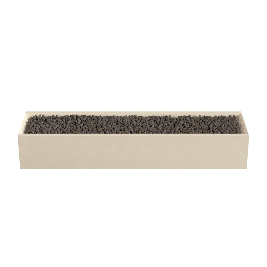 A rectangular planter box filled with small dark-colored stones or pebbles.