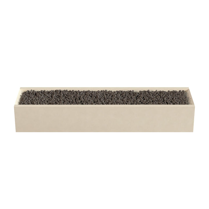 A rectangular planter box filled with small dark-colored stones or pebbles.