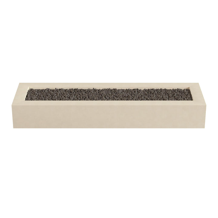 A rectangular concrete planter filled with small rocks or pebbles.
