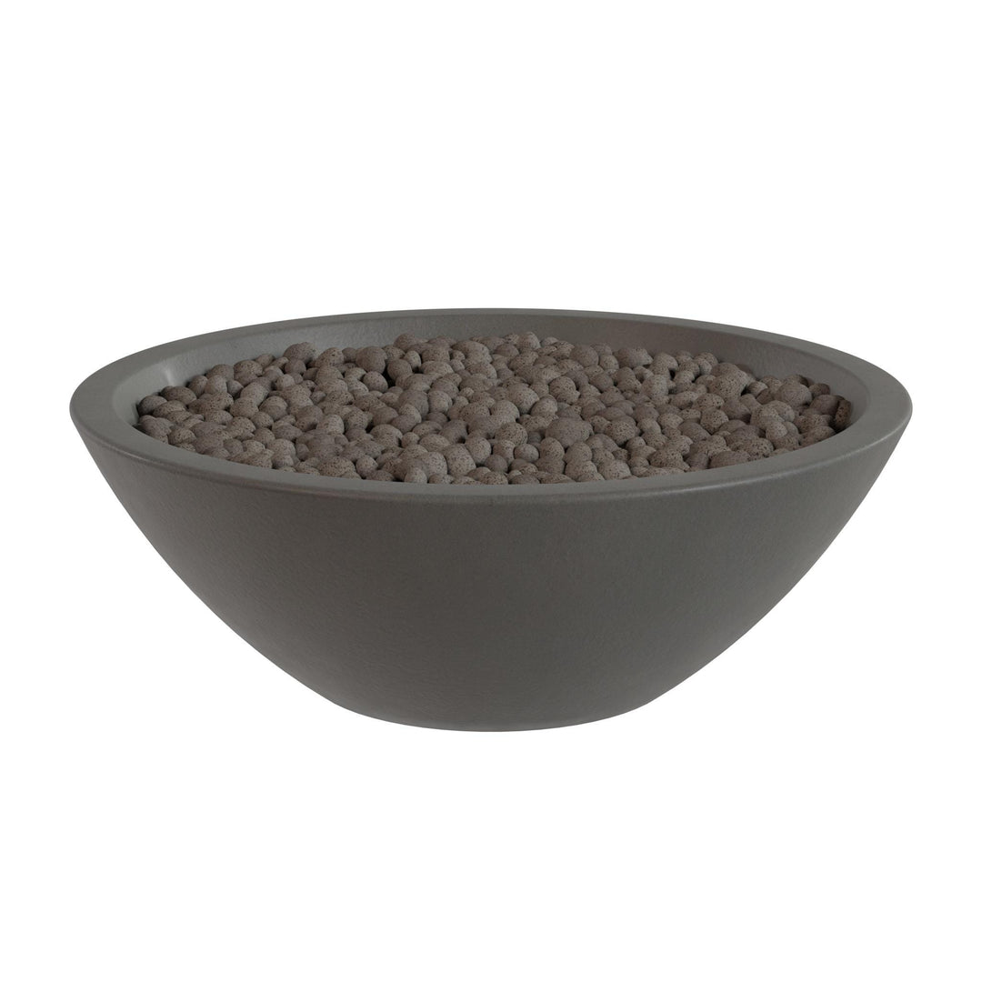 A gray bowl filled with small, round objects, possibly beads or stones.